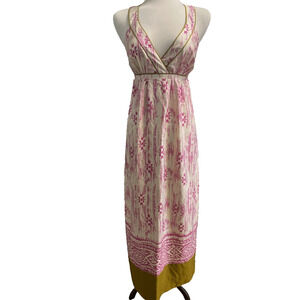 Loft Silk Ikat Tribal Print Maxi Dress Womens 8 Pink Cream Back Crossover Straps